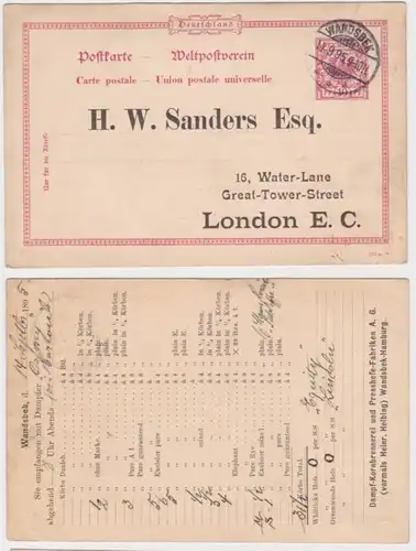 98871 DR Ganzsachen Postkarte P37 Zudruck H.W. Sanders Esq. London 1895