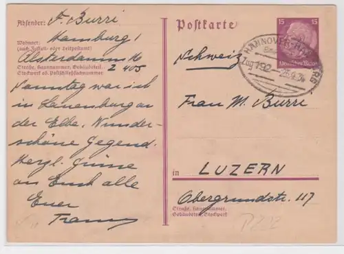 97317 Cas entier Carte postale P222 Bahnpost Hannover-Hambourg vers Lucerne 1934