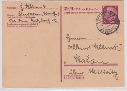 97318 DR Affaire entière Carte postale P223F Schwerin vers Kalau sur Mesewitz 1937