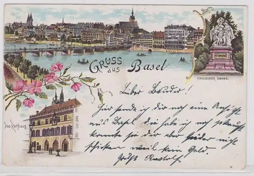 25200 Ak Lithographie Gruß aus Basel Totalansicht, Rathaus, Denkmal um 1900