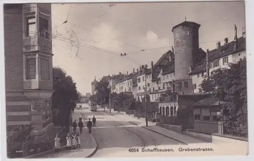 64164 AK Schaffhausen - Grabenstrasse, vue sur la route avec tram 1906