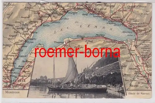85429 Ak Montreux avec carte Lac Leman et Figure Etude de Barque 1909