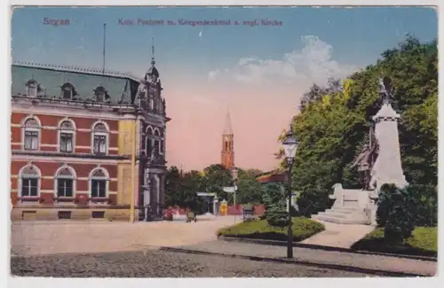 98179 Ak Sagan Zagan Kaiserliches Postamt mit Kriegerdenkmal 1925