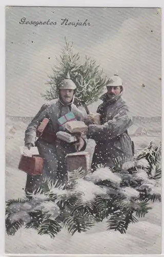 86788 Neujahrs Ak Deutsche Soldaten im Winter mit Weihnachtsgeschenken 1914