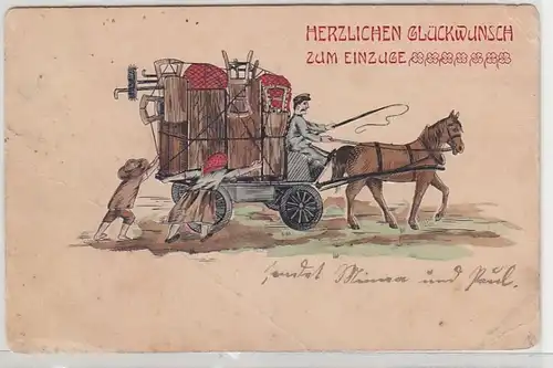 68440 Herzlichen Glückwunsch zum Einzuge Ak Pferdefuhrwerk Umzugswagen 1906