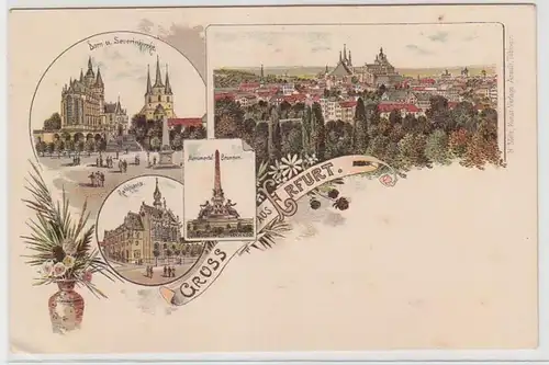 68651 Ak Lithographie Gruss aus Erfurt Monumentalbrunnen, Rathaus usw. um 1900