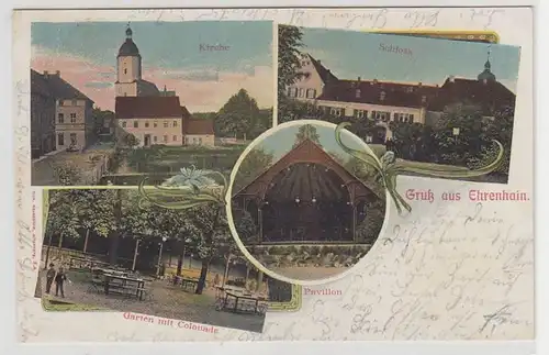 67043 Mehrbild Ak Gruß aus Ehrenhain Kirche, Schloß, Pavillon, Garten 1903