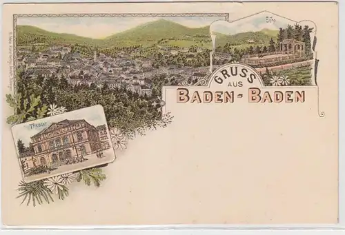 68646 Ak Lithographie Gruss aus Baden-Baden Totalansicht, Theater, Echo um 1900