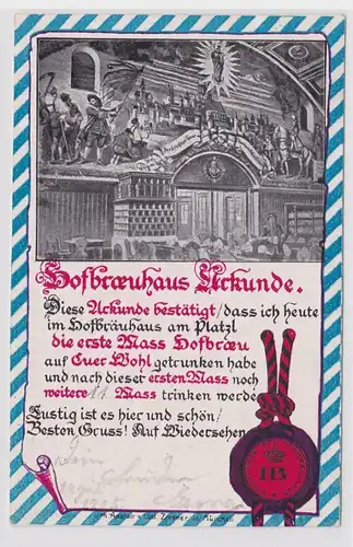 98953 Künstler AK Reklame für Münchner köngl Hofbräuhaus Urkunde mit Siegel 1905