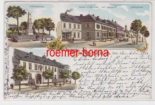 83911 Ak Lithographie Gruß aus Rehau Gasthof zur goldnen Krone 1901