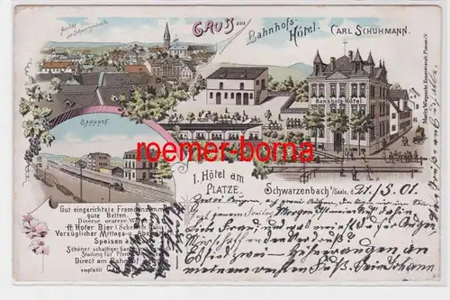 82793 Ak Lithographie Gruß aus Schwarzenbach Bahnhofshotel, Bahnhof 1901