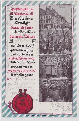 80628 Künstler AK Reklame für Münchner köngl Hofbräuhaus Urkunde mit Siegel 1905