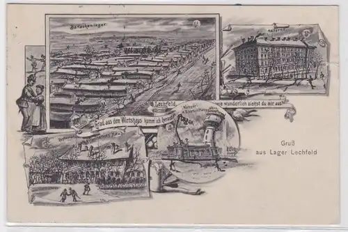 55083 AK Lithographie Salutation de camp Lechfeld - camps de baraquement, caserne, etc 1912