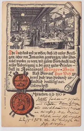 47955 AK Reklame für Bürgerbräukeller München Urkunde mit Siegel 1904