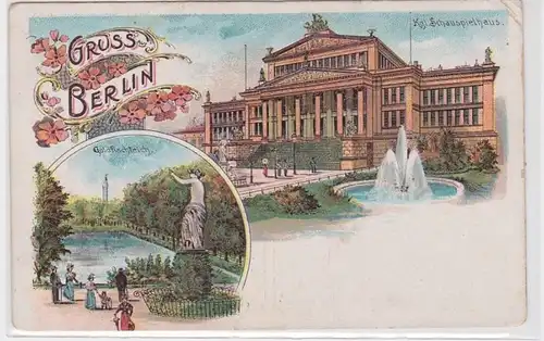 92974 Ak Lithographie Salutation de Berlin Goldfischteich Kgl. Schauspielhaus vers 1900