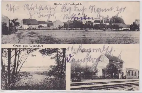 91962 AK Gruss aus Wünsdorf - Kirche mit Dorfansicht, Bahnhof & See 1915