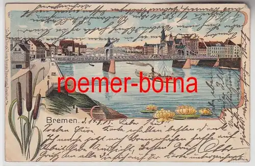 75423 Ak Lithographie Bremen Grosse Weserbrücke avec gloire 1905