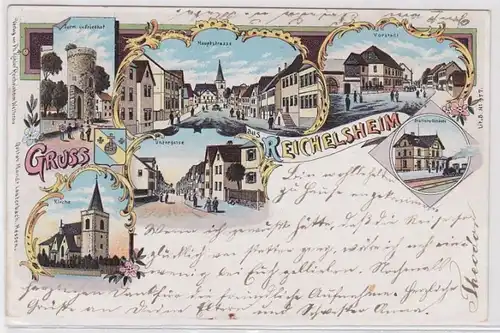 87784 Ak Lithographie Gruss aus Reichelsheim - Turm, Kirche, Untergasse usw 1905