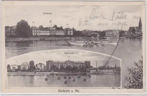 83804 AK Biebrich am Rhein - Kaserne & Schloss vom Fluss aus gesehen 1913