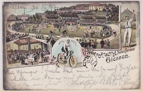 68525 Ak lithographie Gruß vom Sportplatz Giessen Textors Terasse 1897