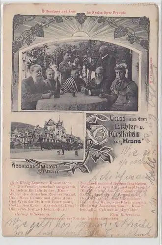 62356 Ak Gruß aus dem Künstlerheim zur Kroen in Assmannshausen am Rhein 1908