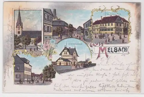 61338 Ak Lithographie Gruss aus Melbach - Kirche, Stationsgebäude, Gasthaus 1900