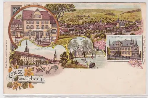 38020 Ak Lithographie Gruss aus Erbach - Gasthaus, Schloss, Eulbacher See 1898