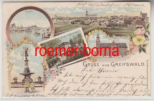 74164 Ak Lithografie Gruss aus Greifswald Post, Hafen usw. um 1900
