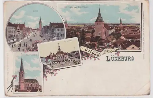 94167 Ak Lithographie Gruss aus Lüneburg Nicolaikirche Rathaus Sand um 1900