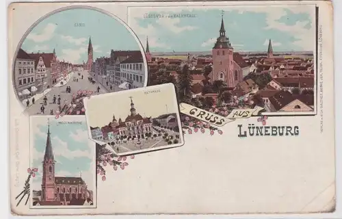 94167 Ak Lithographie Gruss de Lunebourg Nicolaikirche Hôtel de ville Sand vers 1900