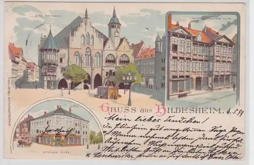 91823 AK Gruss aus Hildesheim Wiener Café, Rathaus & Mittelalterliches Haus 1899