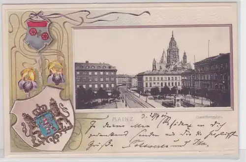 92617 Plage Passepartout AK Mayence - Gutenbergplatz avec cathédrale et armoiries de la ville 1901