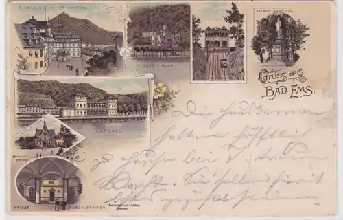 92049 Ak Lithographie Gruss de Bad Ems Kurhaus, église etc 1899