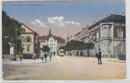 66846 Feldpost Ak Landau Ostbahnstrasse mit Strassenbahn 1917