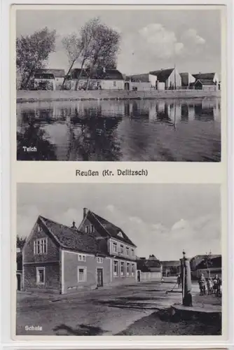 94287 Mehrbild Ak Reußen (Kreis Delitzsch) Teich, Schule um 1940