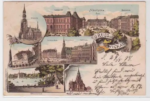 93274 Ak Lithographie Gruss aus Zwickau Albertplatz, Post, Bank usw. 1898