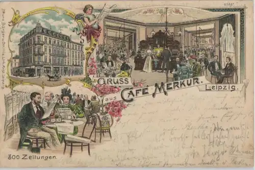 92398 Ak Lithographie Gruss aus Leipzig Café Merkur 1899