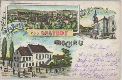 92286 Ak Lithographie Gruss aus Mochau Gasthof, Kirche usw. 1902