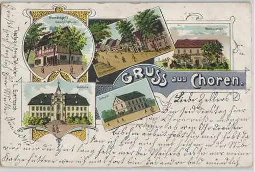 92151 Ak Lithographie Gruss aus Choren Schule, Restauration 1909