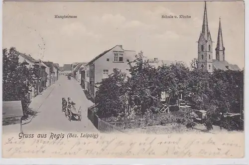 88680 Ak Gruß aus Regis Hauptstraße, Schule und Kirche 1907