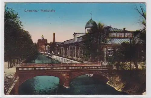 87102 AK Chemnitz - Markthalle davor Fluss Chemnitz mit Brücke 1931