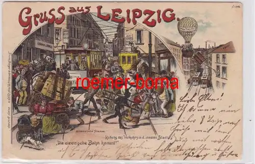 86640 Ak Lithographie Gruß aus Leipzig 'Die elektrische Bahn kommt!' 1896