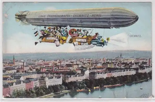 85710 Humor Ak Zeppelin über Chemnitz um 1915