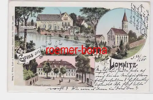 83754 Ak Lithographie Gruss aus Lomnitz Gasthof, Kirche, Rittergut 1905