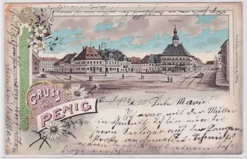 71629 Ak Gruss aus Penig Marktplatz mit alten Schloss und Rathaus 1900