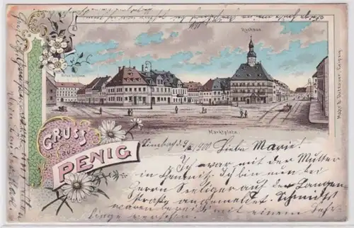71629 Ak Gruss de Penig marché avec le vieux château et l'hôtel de ville 1900