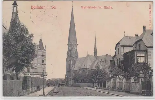 68474 Ak Hainichen in Sachsen Wettinstrasse mit Kirche um 1910