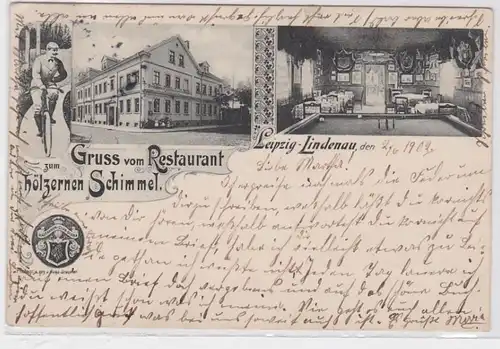 68358 Ak Gruß vom Restaurant zum hölzernen Schimmel Leipzig Lindenau 1902