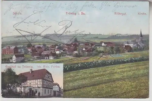 68249 Ak Trünzig Schule, Rittergut, Kirche, Gasthof Inh.Rich. Funke um 1910