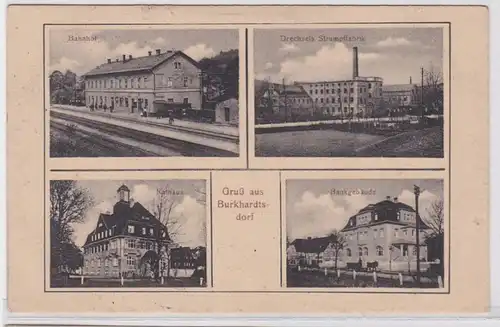 37683 Ak Gruß aus Burkhardtsdorf Strumpffabrik, Bahnhof, Bank usw. 1916